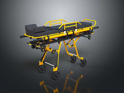 Medical Emergency Stretcher With Yellow Frame Black Mattress And Wheels For Patient Transport 3d model