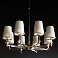 Modern Chandelier Design With Multiple White Lampshades Black Metal Frame And Gold Accents