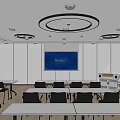 School Classroom With Long Tables Red Black Chairs Large Windows Sunset View Circular Pendant Lights