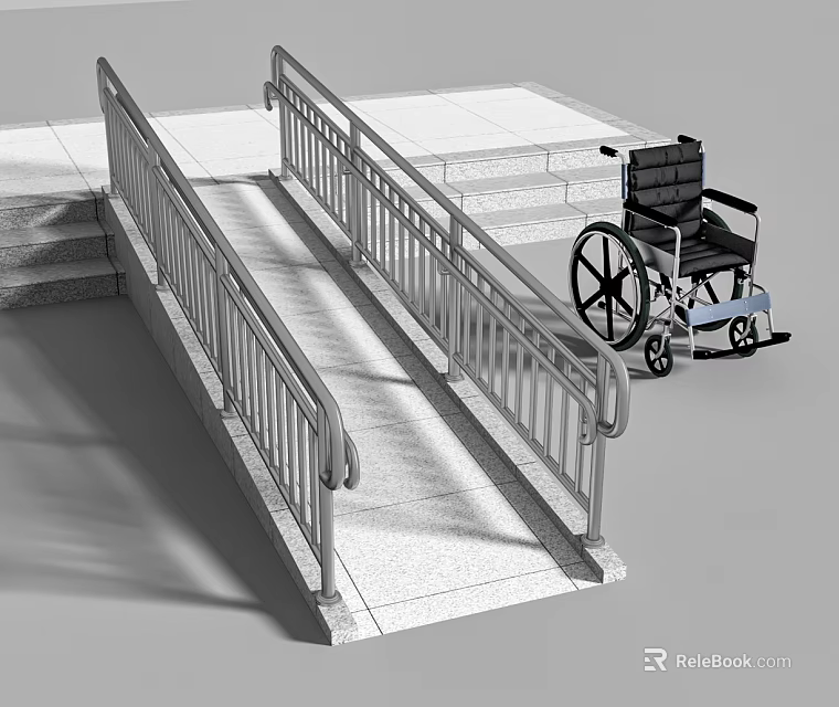 Wheelchair Accessible Building Ramp With Concrete Surface And Metal Handrails For Safety 3d model 