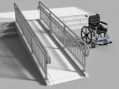Wheelchair Accessible Building Ramp With Concrete Surface And Metal Handrails For Safety 3d model