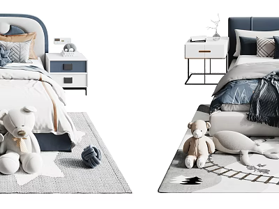 Kids Bed with Blue Headboard Soft Pillows White Nightstand and Teddy Bear on Playful Rug 3d model