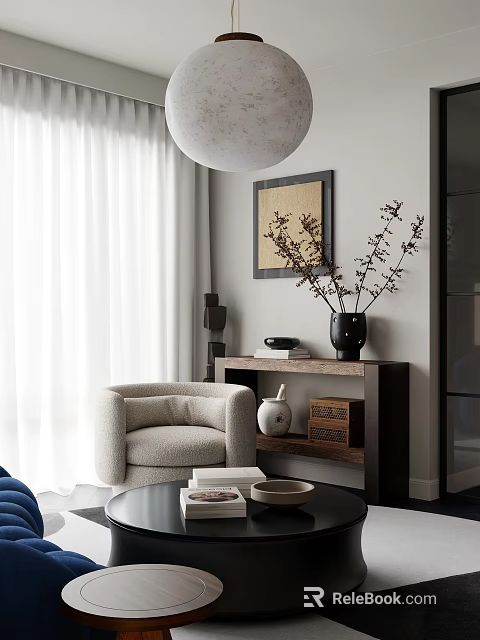 Elegant Modern Living Room Interior With Beige Armchair Round Pendant Light And Dark Wood Sideboard 3d model 