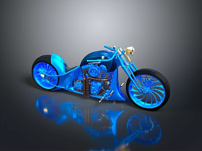Blue Motorcycle with Glowing Wheels Gold Accents Sleek Design on Gray Background and Reflective Surface 3d model