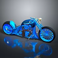 Blue Motorcycle with Glowing Wheels Gold Accents Sleek Design on Gray Background and Reflective Surface
