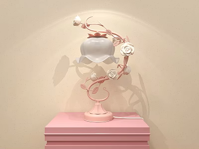 Unique Shaped Table Lamp With Pink Base White Lampshade And Rose Decorations On Pink Table 3d model