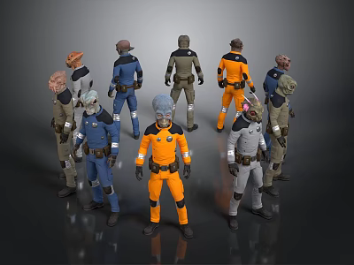 Multiple Sci Fi Character Designs With Orange Blue Grey Uniforms And Helmets 3d model