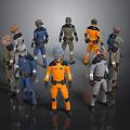 Multiple Sci Fi Character Designs With Orange Blue Grey Uniforms And Helmets 3d model