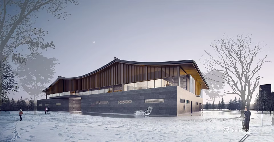 Modern Architectural Design With Curved Wooden Roof And Glass Walls In Snowy Landscape 3d model 