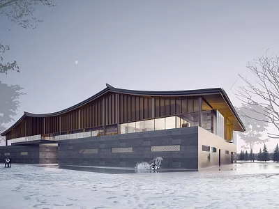 Modern Architectural Design With Curved Wooden Roof And Glass Walls In Snowy Landscape 3d model