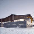Modern Architectural Design With Curved Wooden Roof And Glass Walls In Snowy Landscape
