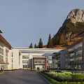 Modern Senior Care Facility Exterior Design With Beautiful Landscaped Garden And Spacious Public Walking Path