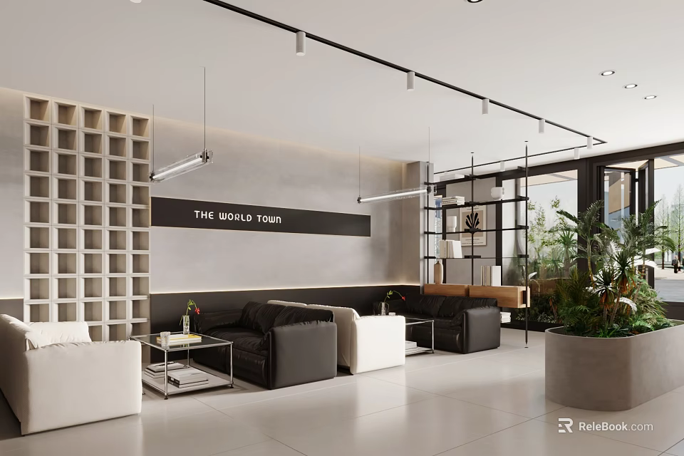 Modern Cafe Interior With Black White Sofas Grid Wall Hanging Lights Plants And Large Window 3d model 