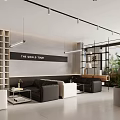 Modern Cafe Interior With Black White Sofas Grid Wall Hanging Lights Plants And Large Window 3d model