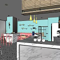 Dessert Shop Interior With Light Blue Walls Pink Chairs Bar Counter And Pendant Lights