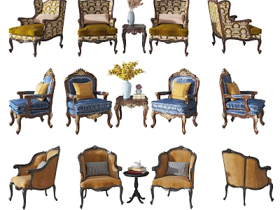 Classic Design Leisure Sofa Set With Various Colored Upholstered Chairs And Matching Side Tables 3d model