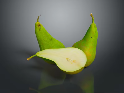 Fresh Ripe Green Pears Whole And Sliced On Dark Reflective Surface 3d model