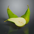 Fresh Ripe Green Pears Whole And Sliced On Dark Reflective Surface