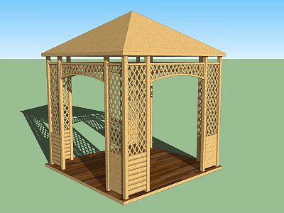 Wooden Gazebo With Intricate Carved Columns Hexagonal Roof Set Against Blue Sky Green Ground 3d model