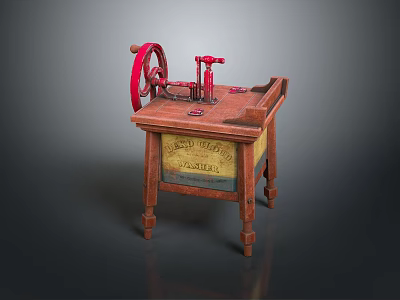 Vintage Wooden Desk With Red Wheel Pump Mechanism And Decorative Details 3d model