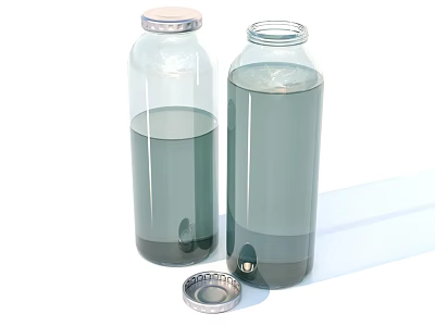 Two Transparent Glass Bottles Filled With Liquid With One Cap Beside On White Background 3d model