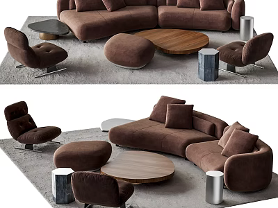 Modern Brown Velvet Sofa Coffee Table Set With Armchairs Ottomans And Wooden Top 3d model