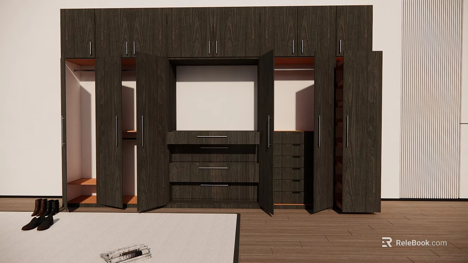 Dark Wooden Modern Wardrobe Interior With Open Doors Drawers And Shelves 3d model 