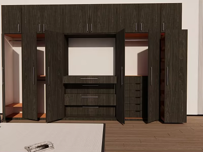 Dark Wooden Modern Wardrobe Interior With Open Doors Drawers And Shelves 3d model