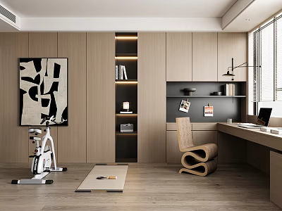 Modern Study Room Interior With Wooden Cabinets Bookshelf Desk Exercise Bike And Abstract Painting 3d model