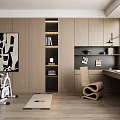 Modern Study Room Interior With Wooden Cabinets Bookshelf Desk Exercise Bike And Abstract Painting
