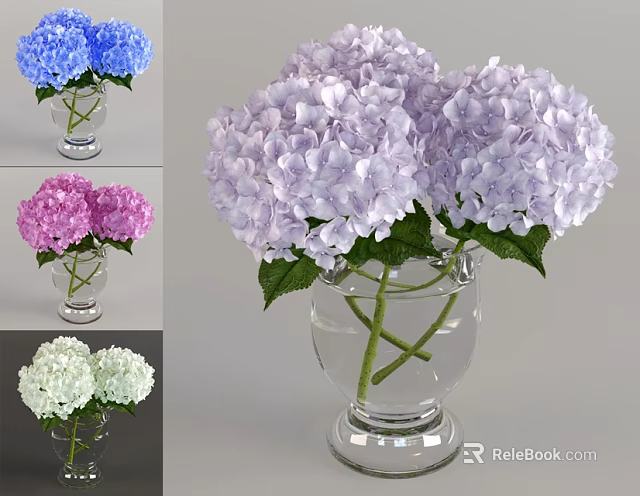 Elegant Transparent Glass Vase With Purple Hydrangea Flowers And Green Leaves 3d model 