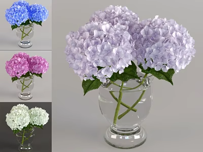 Elegant Transparent Glass Vase With Purple Hydrangea Flowers And Green Leaves 3d model