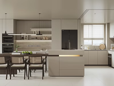 Modern Open Kitchen Dining Area With Island Counter Cabinets And Appliances 3d model