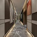 Modern Elevator Lobby Interior With Marble Flooring Red Accent Wall Green Plants And Accent Chair