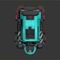 Turquoise Computerized Cleaning Robot With Yellow Lights Black Roof And Red Wheels
