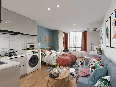 Modern Apartment With Open Kitchen Bedroom And Cozy Living Area 3d model