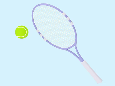 Purple Tennis Racket With White Handle And Green Ball On Light Blue Background 3d model