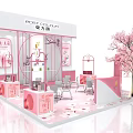 Pink Themed Exhibition Booth With Cherry Blossom Tree Tables Chairs And Decorations
