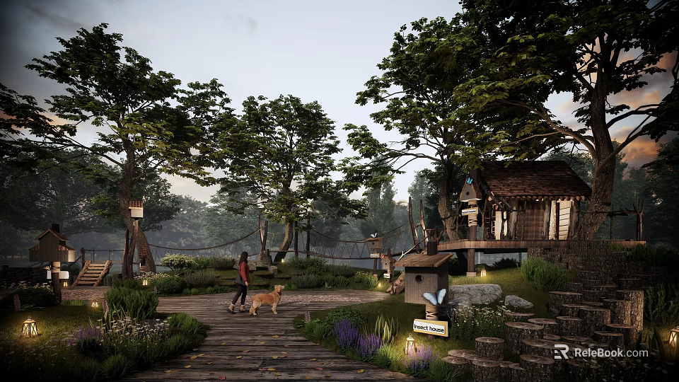 Outdoor Evening Scene With Wooden Cabin Path Person And Dog Trees Lights 3d model 