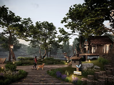Outdoor Evening Scene With Wooden Cabin Path Person And Dog Trees Lights 3d model