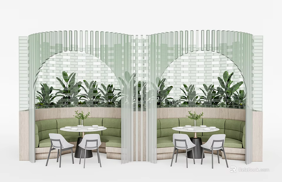 Stylish Indoor Seating Area With Irregular Shaped Sofa Green Plants And Arched Windows 3d model 