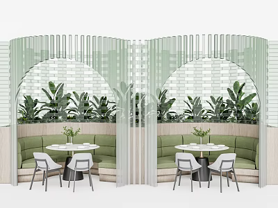 Stylish Indoor Seating Area With Irregular Shaped Sofa Green Plants And Arched Windows 3d model