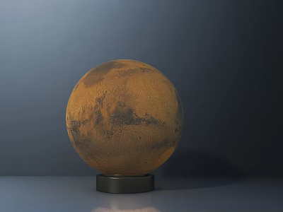 Spherical Mars Model Brown Table Lamp With Black Spots Base On Gray Tabletop Dark Background 3d model