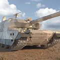 Sand Colored Military Tank With Cannon Tracks In Desert Under Cloudy Sky