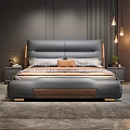 Modern Bedroom With Gray Leather Bed Orange Pillows Pendant Lights Nightstand And City View