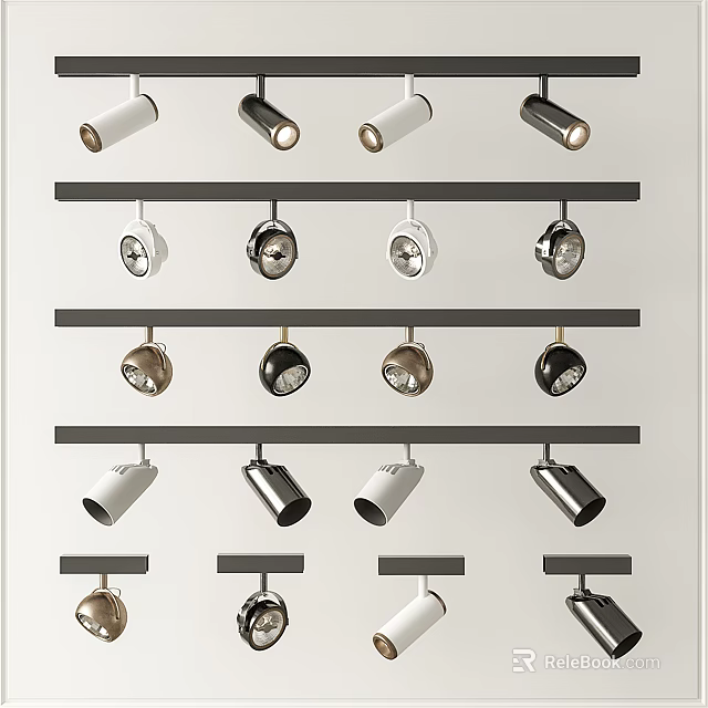 Downlights and Spotlights Various Styles Different Colors Modern Decorative Lighting Fixtures on Display Rack 3d model 