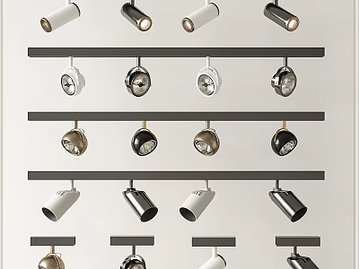 Downlights and Spotlights Various Styles Different Colors Modern Decorative Lighting Fixtures on Display Rack 3d model