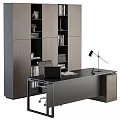 Modern Office Desk With Dell Laptop Open Book Pen Desk Lamp And Shelf With Books