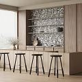 Stylish Bar Counter With Black Stools Black White Patterned Backsplash Wooden Cabinets Decorative Shelves