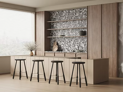 Stylish Bar Counter With Black Stools Black White Patterned Backsplash Wooden Cabinets Decorative Shelves 3d model